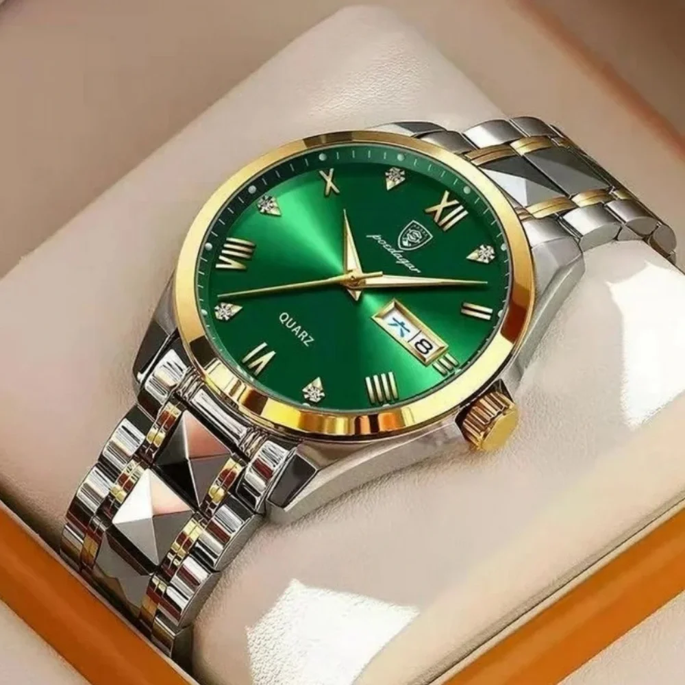 POEDAGAR Men's Watch Date Week Waterproof Luminous Quartz Stainless Steel Green